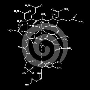 Vitamin B12. cyanocobalamin Molecular chemical formula. Infographics. Vector illustration on black background.