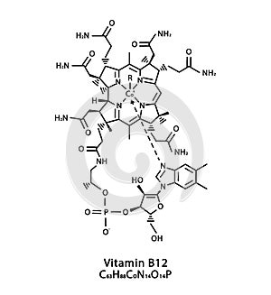 Vitamin B12 Cyanocobalamin molecular structure. Vitamin B12 Cyanocobalamin skeletal chemical formula. Chemical molecular