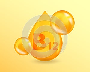 Vitamin B12 Cyanocobalamin. Realistic Vitamin drop B12 Cyanocobalamin design. 3D Vitamin complex illustration concept.