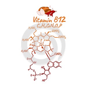 Vitamin B12 with Food Label and Icon. Chemical Formula and Structure Logo. Vector Illustration