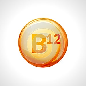 Vitamin B12 gold pill icon. Vitamin complex with B group, cyanocobalamin, hydroxocobalamin medicine