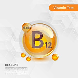 Vitamin B12 gold shining pill capcule, cholecalciferol. golden Vitamin complex with Chemical formula substance drop. Medical f