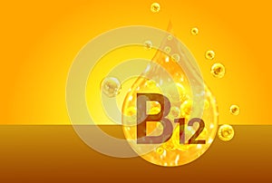 Vitamin B12. Golden drops with oxygen bubbles. Health concept