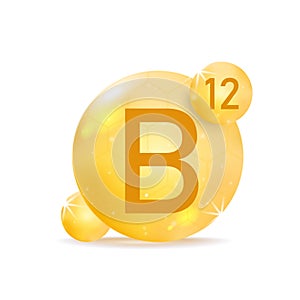 Vitamin B12 golden icon. Drop vitamin pill capsule.