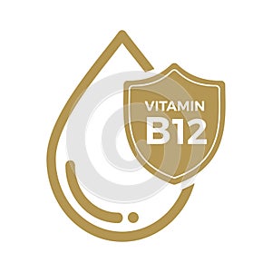 Vitamin B12 icon Logo Golden Drop Shield Protection, Medical background heath Vector illustration