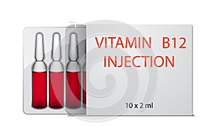 Vitamin B12 injection ampoules in package, isolated on white