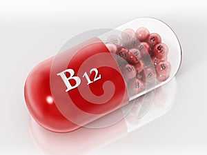 Vitamin B12 pill with small spheres  on white background. 3D illustration