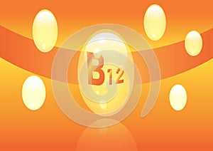 Vitamin B12 shining pill capcule icon . Vitamin complex with Chemical formula, group B, Cyanocobalamin, hydroxocobalamin. Vector i