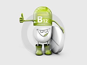 Vitamin B12 shining pill cartoon capsule. 3d illustration