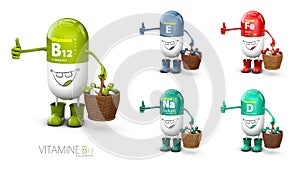 Vitamin B12 shining pill cartoon capsule with set of vitamine. 3d illustration