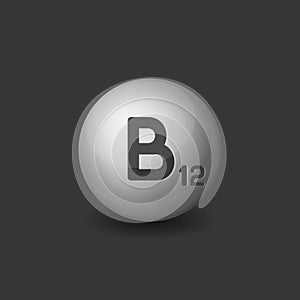 Vitamin B12 Silver Glossy Sphere Icon on Dark Background. Vector