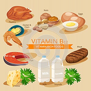 Vitamin B12. Vitamins and minerals foods. Vector flat icons graphic design. Banner header illustration.