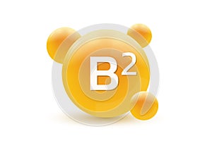 Vitamin B2 3d icon. Circle drop, capsule or pill isolated on white background. Molecule bubbles design. Vector