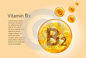 Vitamin B2. Baner with vector images of golden balls with oxygen bubbles. Health concept