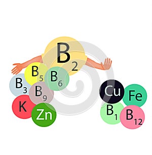 Vitamin B2 compatibility with other vitamins and minerals. Infographics. Vector illustration on isolated background.