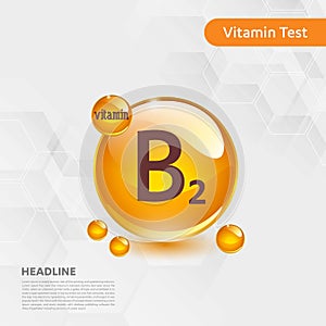 Vitamin B2 gold shining pill capcule icon, cholecalciferol. golden Vitamin complex with Chemical formula substance drop. Medical f