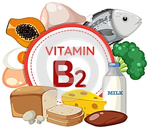 Vitamin B2 Icon Banner Surrounded by Nutritious Food