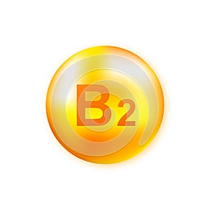 Vitamin B2 with realistic drop on gray background. Particles of vitamins in the middle. Vector illustration.