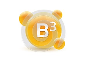 Vitamin B3 3d icon. Circle drop, capsule or pill isolated on white background. Molecule bubbles design. Vector