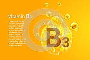 Vitamin B3. Baner with vector images of golden drops with oxygen bubbles. Health concept