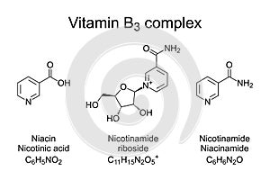 Vitamin B3 complex nicotinamide niacin and nicotinamide riboside chemical formulas