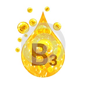 Vitamin B3. Images golden drop and balls with oxygen bubbles. Health concept. Isolated on white background