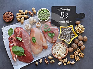 Vitamin B3 or Niacin high foods. Natural products containing vitamin B3. Healthy foods to improve digestion and skin health