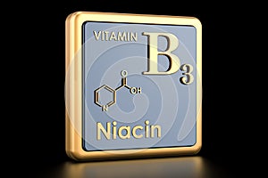 Vitamin B3, niacin. Icon, chemical formula, molecular structure.