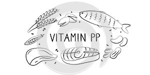 Vitamin B3 Niacinamide Vitamin PP niacin Nicotinamide. Groups of healthy products containing vitamins. Set of fruits