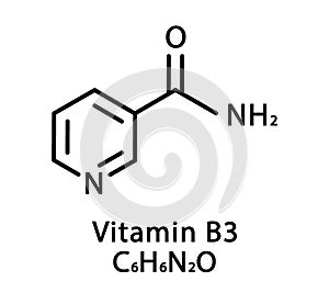 Vitamin B3 Nicotinamide molecular structure. Vitamin B3 Nicotinamide skeletal chemical formula. Chemical molecular
