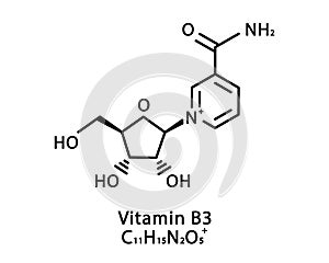 Vitamin B3 Nicotinamide riboside molecular structure. Vitamin B3 Niacin skeletal chemical formula. Chemical molecular