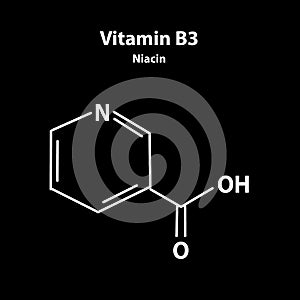 Vitamin B3. A nicotinic acid. Niacin, Vitamin PP. Molecular chemical formula. Infographics. Vector illustration on black