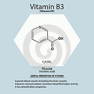 Vitamin B3. A nicotinic acid. Niacin, Vitamin PP. Molecular chemical formula. Useful properties of vitamin. Infographics