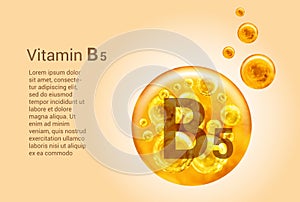 Vitamin B5. Baner with vector images of golden balls with oxygen bubbles. Health concept