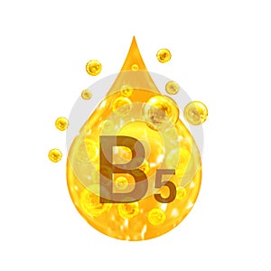 Vitamin B5. Images golden drop and balls with oxygen bubbles. Health concept. Isolated on white background