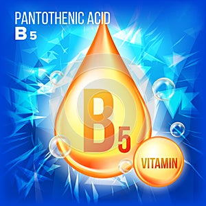 Vitamin B5 Pantothenic Acid Vector. Gold Oil Drop Icon. Organic Gold Droplet Icon. Liquid, Golden Substance. Beauty