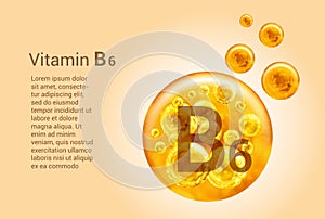 Vitamin B6. Baner with vector images of golden balls with oxygen bubbles. Health concept