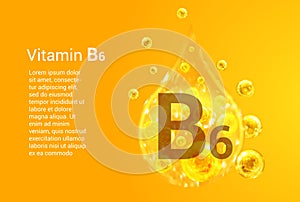 Vitamin B6. Baner with vector images of golden drops with oxygen bubbles. Health concept