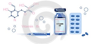 Vitamin B6 with Chemical formula.Essential nutrient muscle injection with syringe.Pyridoxine and coenzyme.