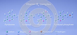 Vitamin b6 complex, pyridoxine, pyridoxal, pyridoxamine, pyridoxal phosphate, molecular structures, 3d model, Structural Chemical