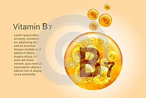 Vitamin B7. Baner with vector images of golden balls with oxygen bubbles. Health concept