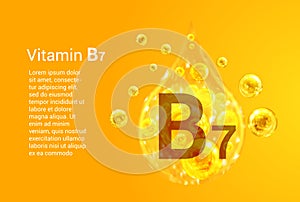 Vitamin B7. Baner with vector images of golden drops with oxygen bubbles. Health concept