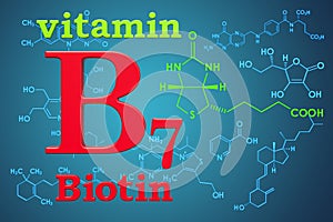 Vitamin B7, biotin. Chemical formula, molecular structure. 3D re