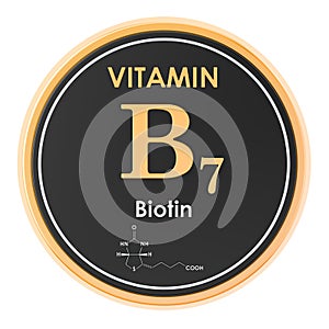 Vitamin B7, biotin. Circle icon, chemical formula, molecular structure. 3D rendering