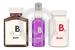 Vitamin B7, biotin. Medical bottles with pills and spray bottle, 3D rendering