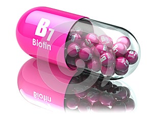 Vitamin B7 capsule. Pill with biotin. Dietary supplements.