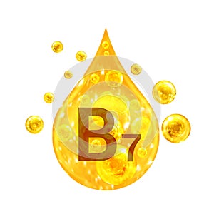 Vitamin B7. Images golden drop and balls with oxygen bubbles. Health concept. Isolated on white background