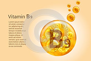 Vitamin B9. Baner with vector images of golden balls with oxygen bubbles. Health concept