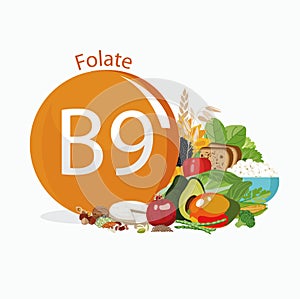 Vitamin B9 folate. Natural organic foods with high vitamin content