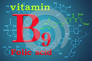 Vitamin B9, folic acid. Chemical formula, molecular structure. 3